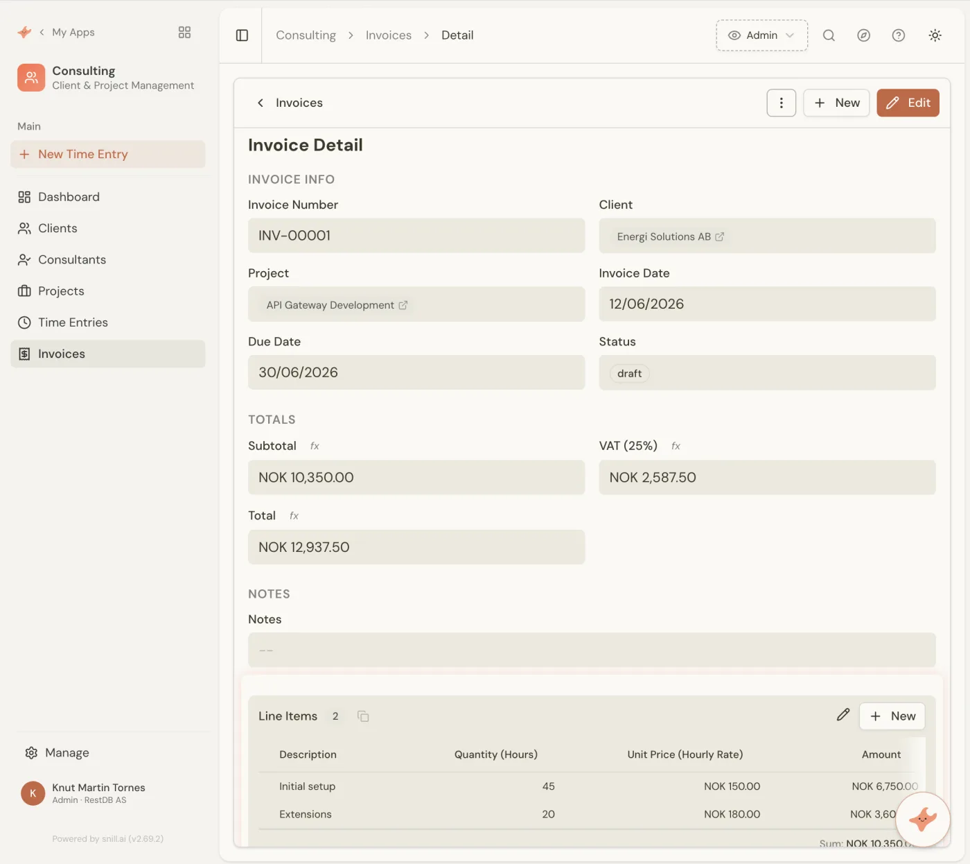 An invoice record in the Snill consulting app