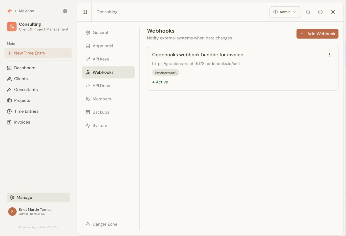 The configured webhook, active and listening for invoice-sent