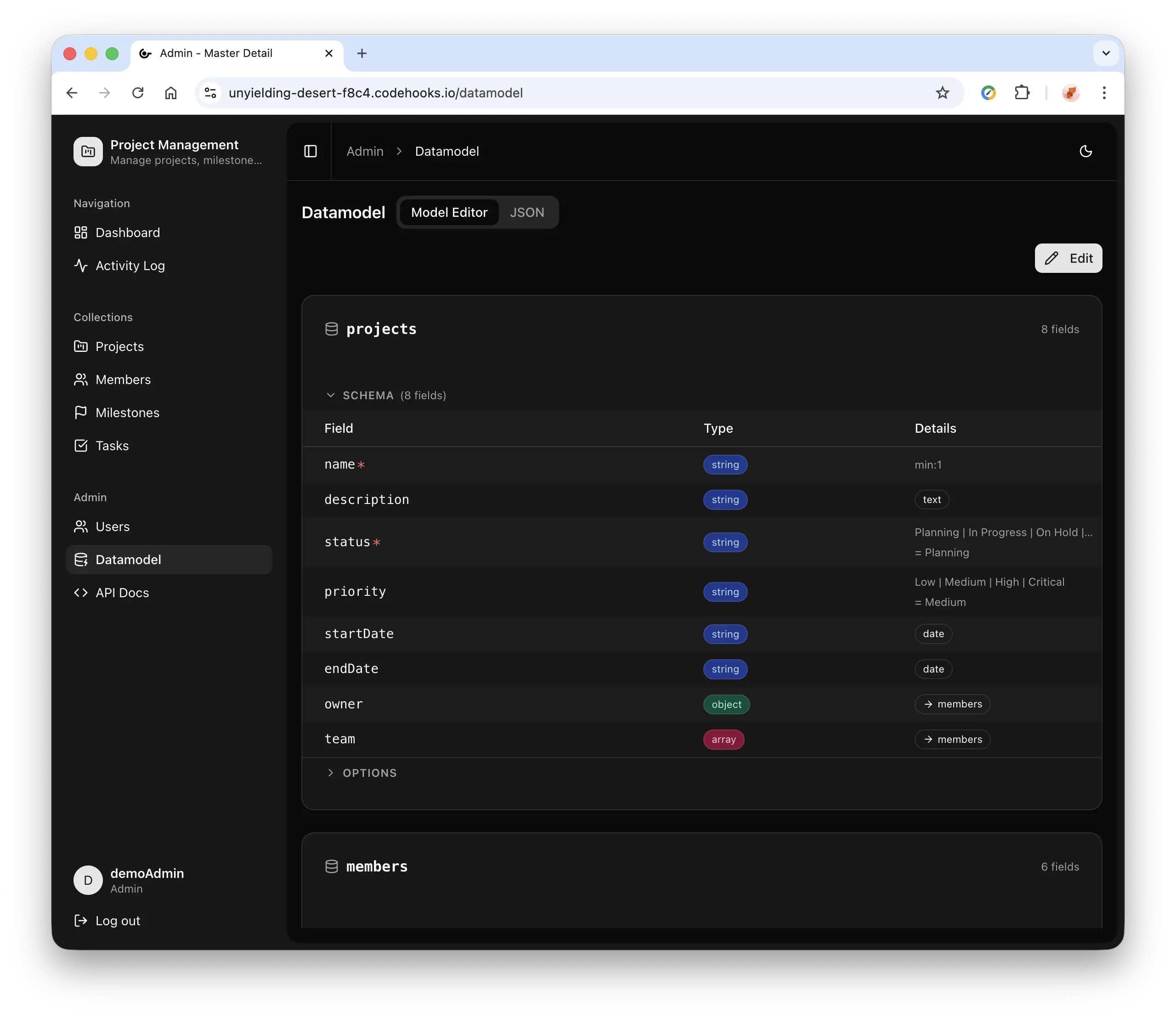 React Admin Dashboard - Visual datamodel editor with drag-and-drop field management