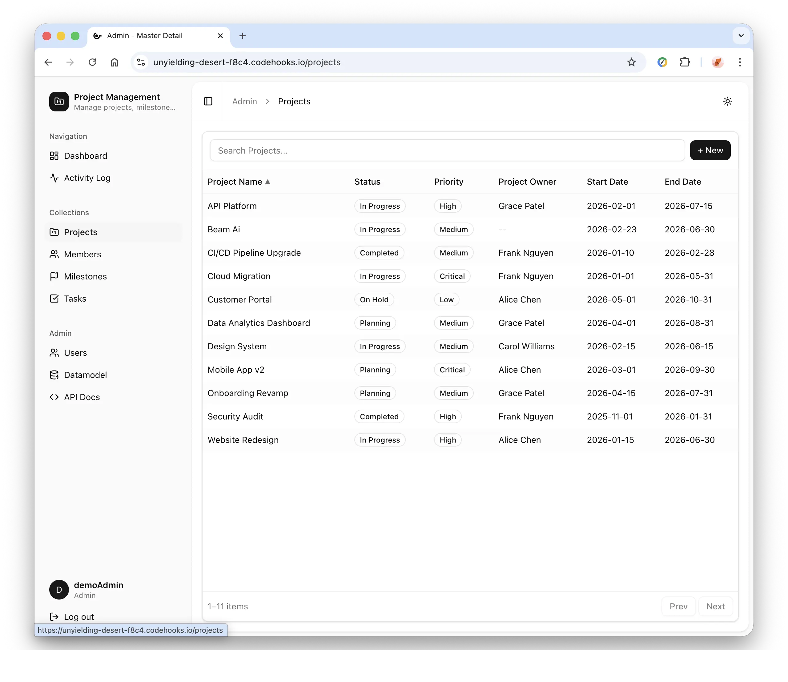 React Admin Dashboard - Collection list view with search, filtering, and pagination